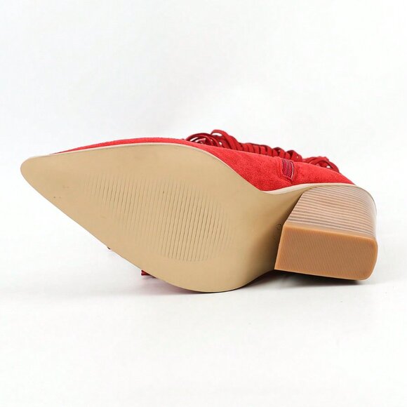 Red Western Women's Sexy Knee-High Geometric Faux Suede Chunky Heel Boots - Picture 6 of 7